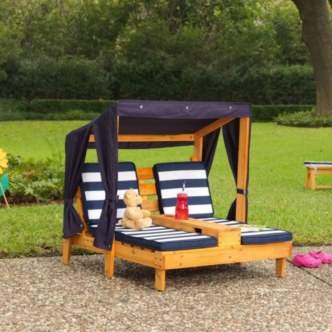 Double Chaise Lounge With Cup Holders - Honey & Navy