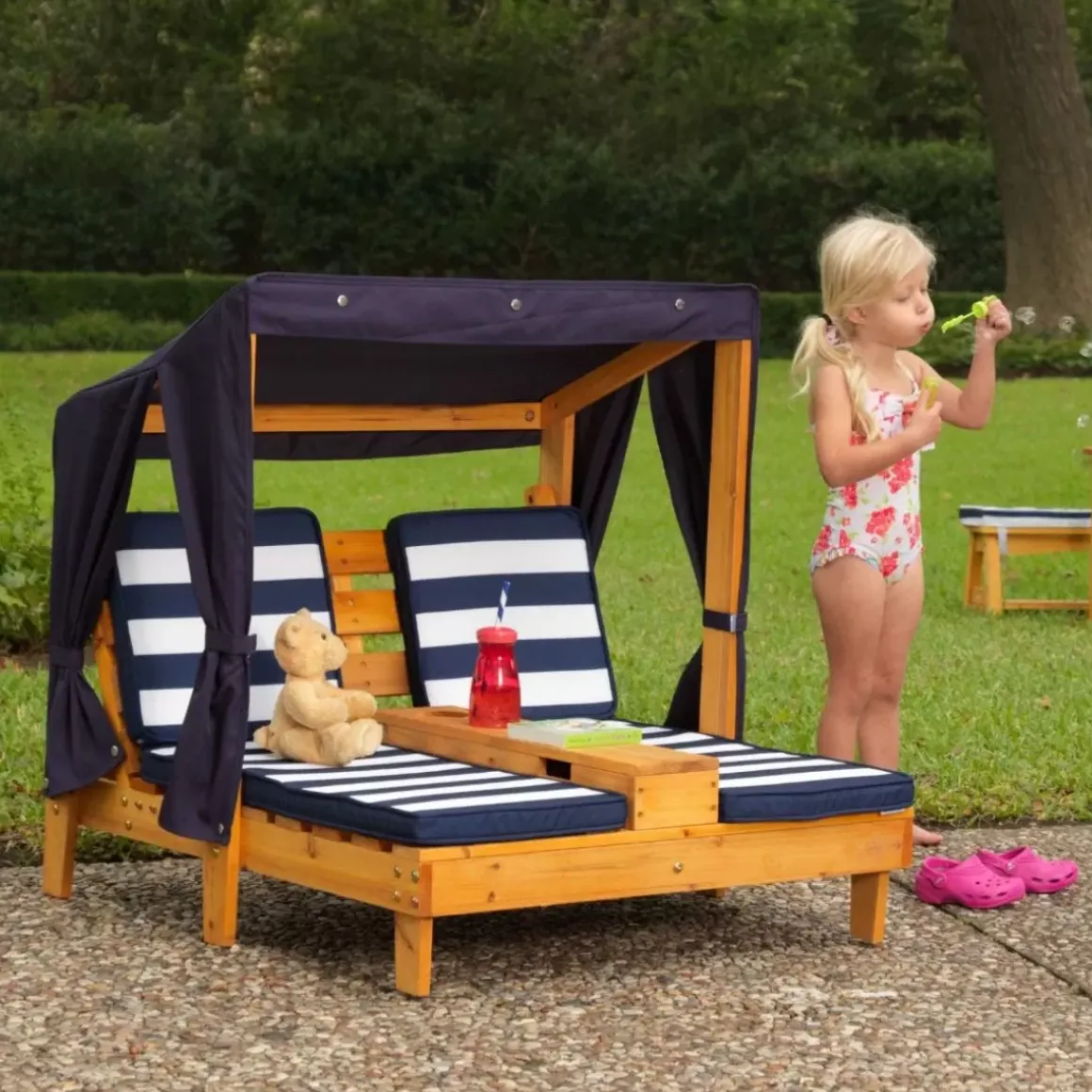 Double Chaise Lounge With Cup Holders - Honey & Navy