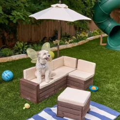 Outdoor Sectional Ottoman & Umbrella Set- Bear Brown & Beige