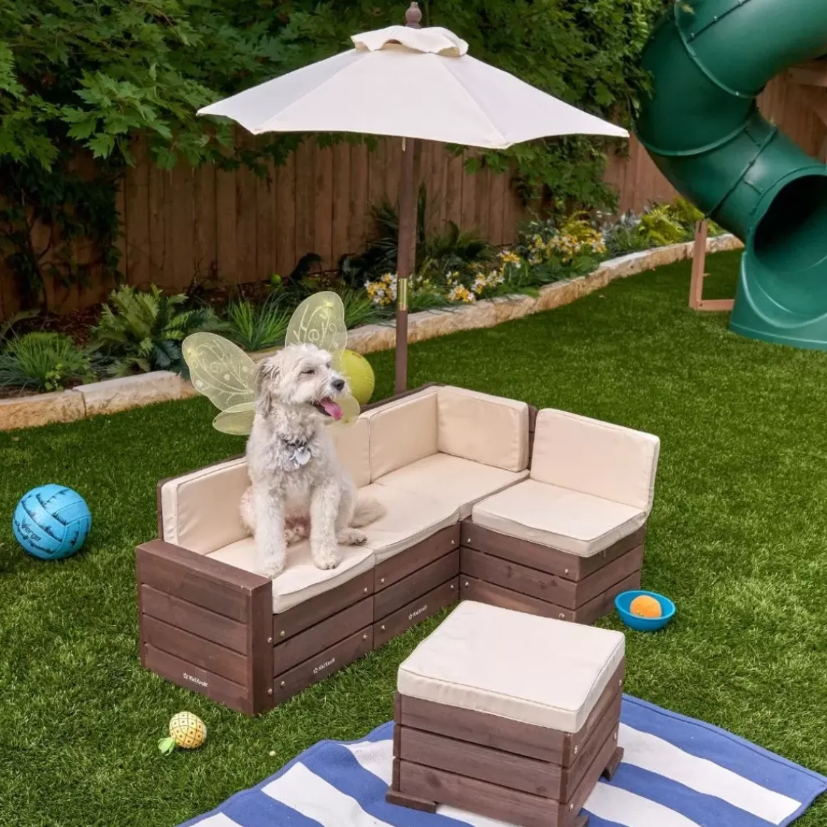 Outdoor Sectional Ottoman & Umbrella Set- Bear Brown & Beige