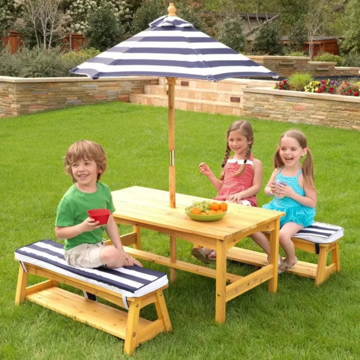 Outdoor Table & Bench Set With Cushions & Umbrella - Navy & White Stripes