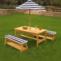 Outdoor Table & Bench Set With Cushions & Umbrella - Navy & White Stripes