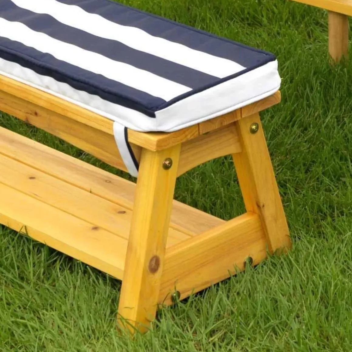 Outdoor Table & Bench Set With Cushions & Umbrella - Navy & White Stripes