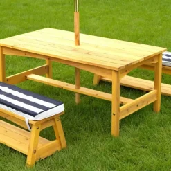 Outdoor Table & Bench Set With Cushions & Umbrella - Navy & White Stripes