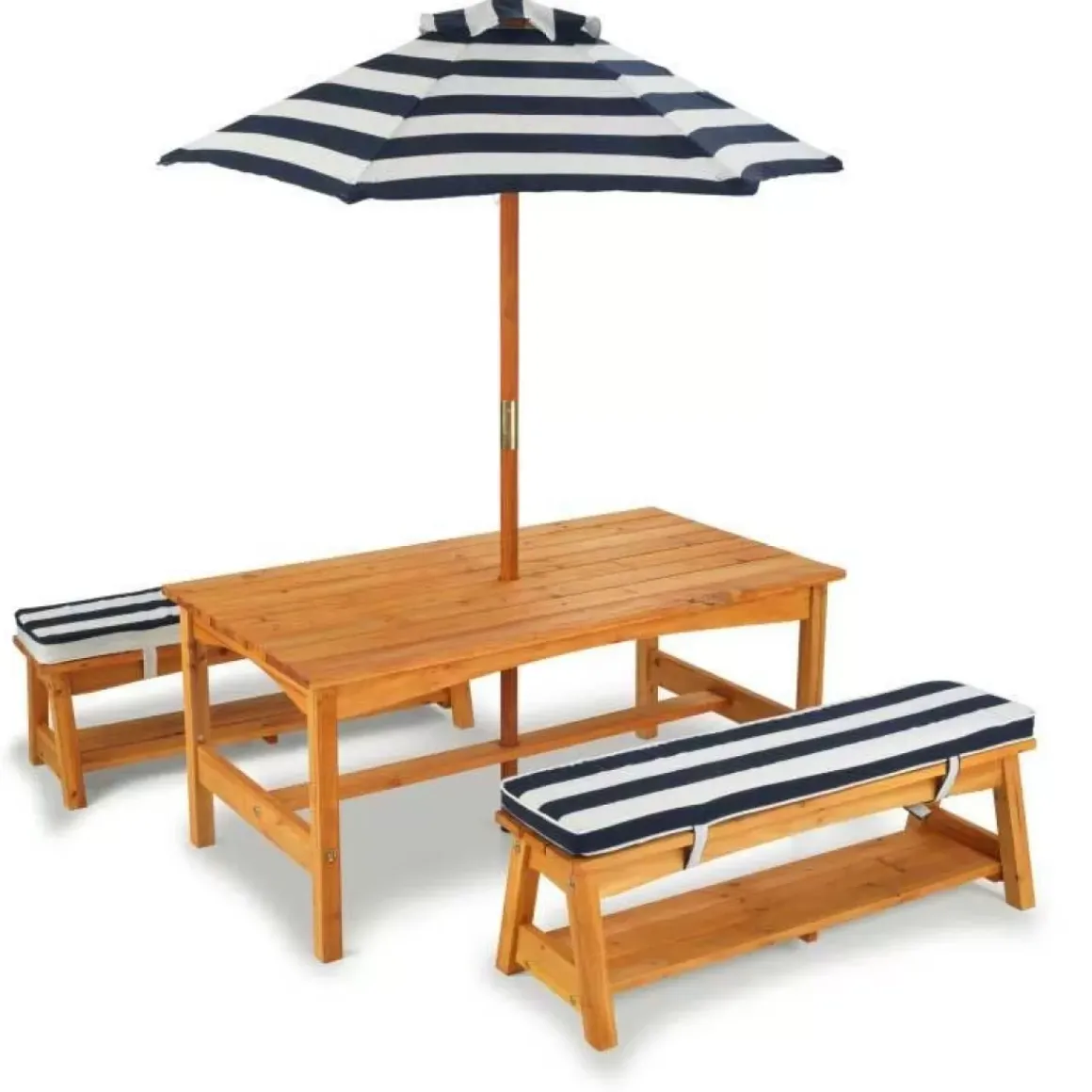 Outdoor Table & Bench Set With Cushions & Umbrella - Navy & White Stripes