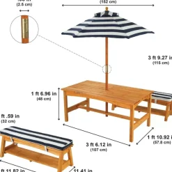 Outdoor Table & Bench Set With Cushions & Umbrella - Navy & White Stripes