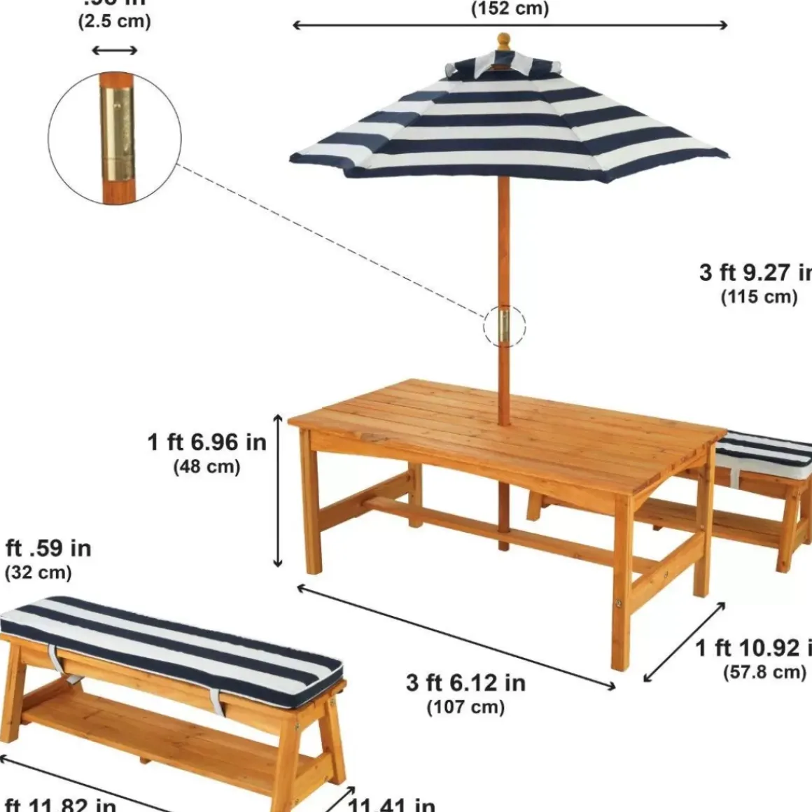 Outdoor Table & Bench Set With Cushions & Umbrella - Navy & White Stripes