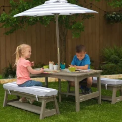 Outdoor Table & Bench Set With Cushions & Umbrella - Gray & White Stripes