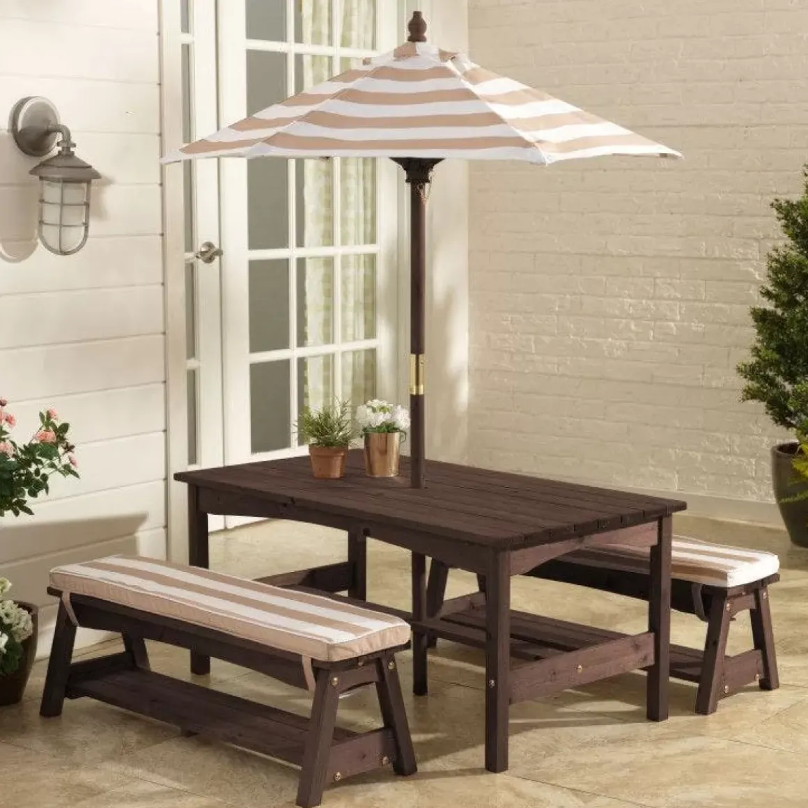 Outdoor Table & Bench Set With Cushions & Umbrella - Oatmeal & White Stripes