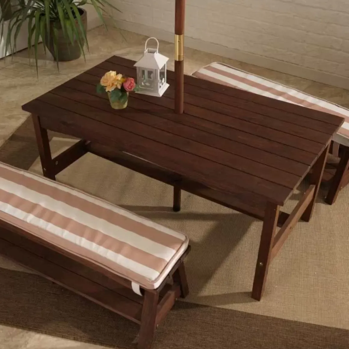 Outdoor Table & Bench Set With Cushions & Umbrella - Oatmeal & White Stripes