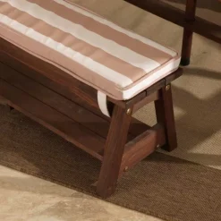 Outdoor Table & Bench Set With Cushions & Umbrella - Oatmeal & White Stripes