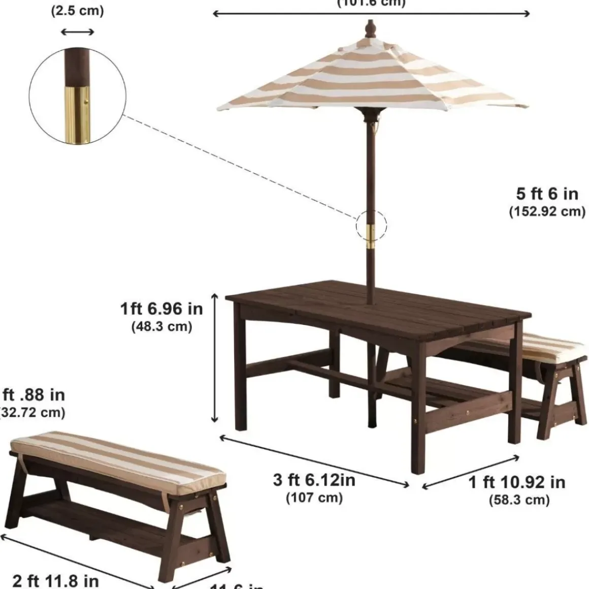 Outdoor Table & Bench Set With Cushions & Umbrella - Oatmeal & White Stripes