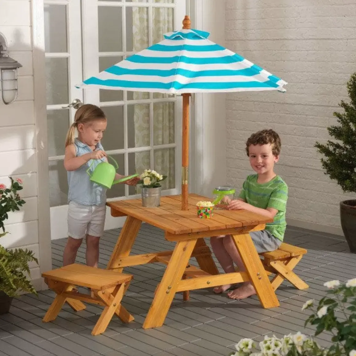 Outdoor Table With Benches & Umbrella