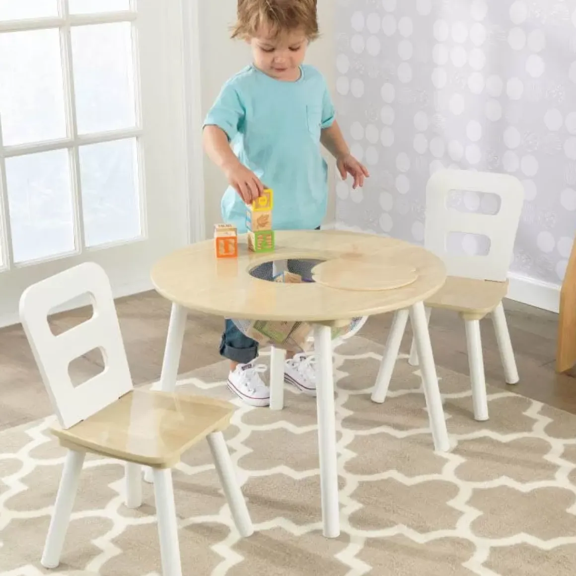 Round Storage Table & 2 Chair Set - Natural & White