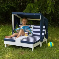 White Double Chaise Lounge With Cup Holders – Navy & White Stripes