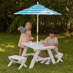 White Outdoor Table With Benches & Umbrella – Turquoise & White Stripes